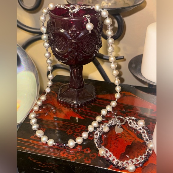 Abyss Ambrosia - Set Garnet & Pearl & Onyx Necklace & Toggle Bracelet - Picture 3 of 4